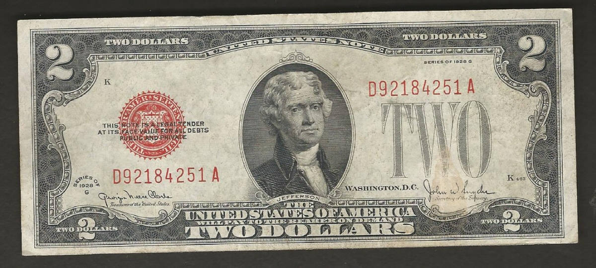 미국 1928년 토마슨 제퍼슨 행운의 2달러 레드씰 미품+
