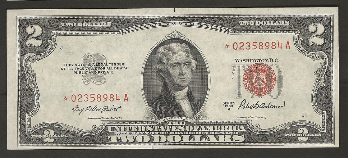 미국 1953년 토마슨 제퍼슨 행운의 2달러 레드씰 - 스타 노트 (보충권) 미사용-