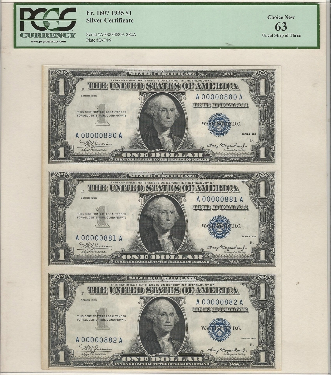 미국 1935년 은태환권 (Silver Certificate) 1달러 1$ 3매 연결권 초판 (880~882) PCGS 63등급