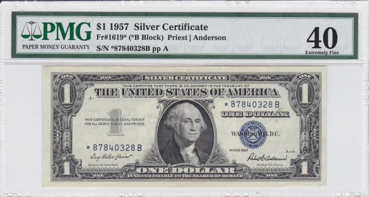 미국 1957년 1달러 은태환권 (Silver Certificate) - 스타 노트 (보충권) PMG 40등급