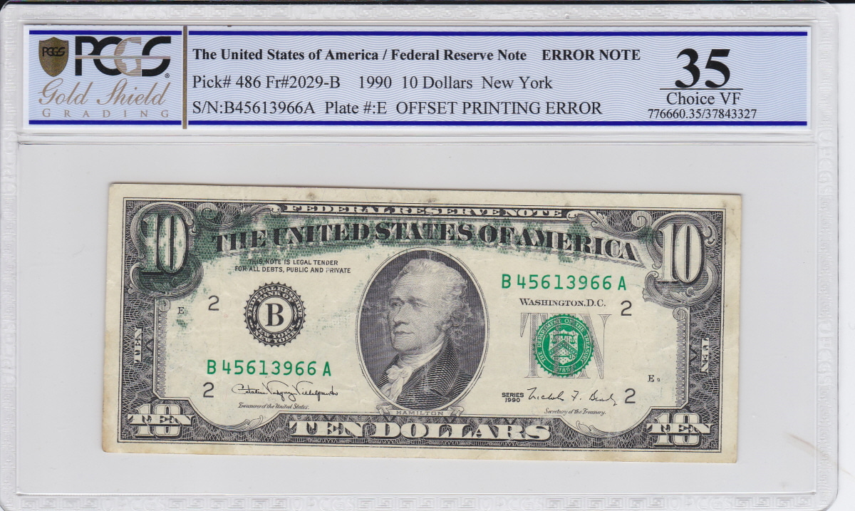 미국 1990년 10달러 에러 지폐 - Offset Printing Error PCGS 35등급