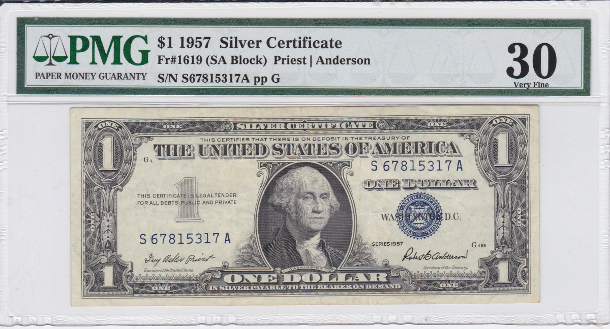 미국 1957년 1달러 은태환권 (Silver Certificate) PMG 30등급