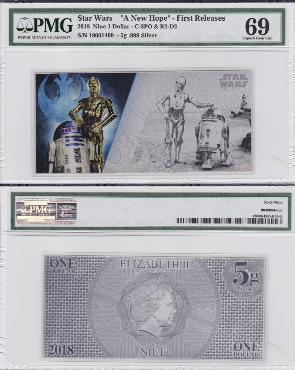 니우에 2018년 스타워즈 - C-3PO &amp; R2-D2 지폐형 은화 PMG 69등급
