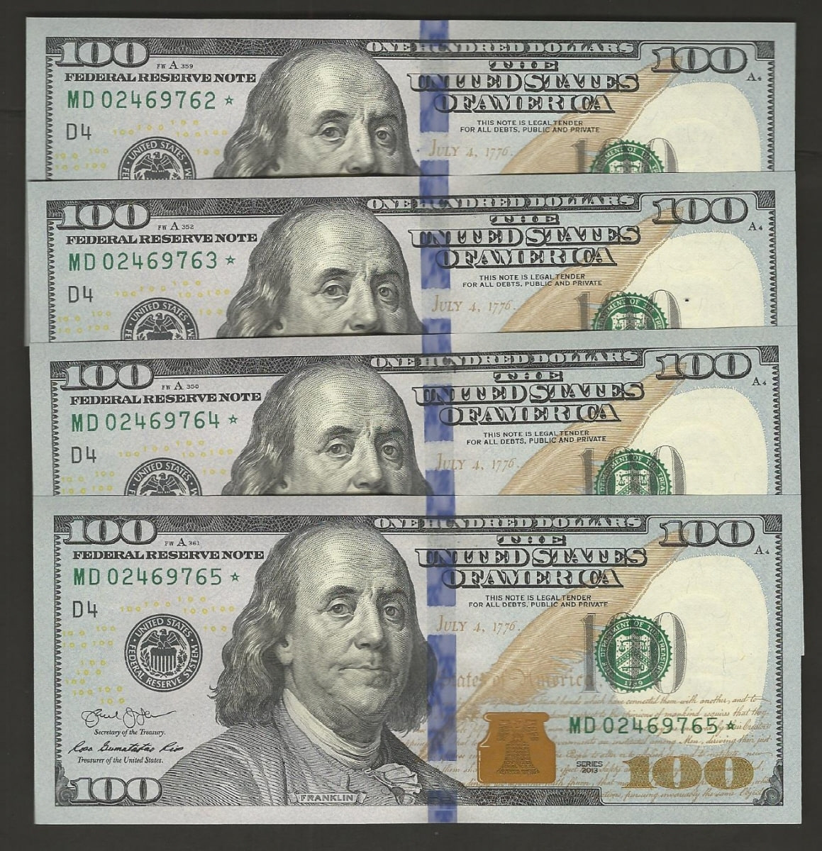 미국 2013년 100$ 스타 노트 (보충권) 4장 연번호 (끝자리 762~765) 미사용