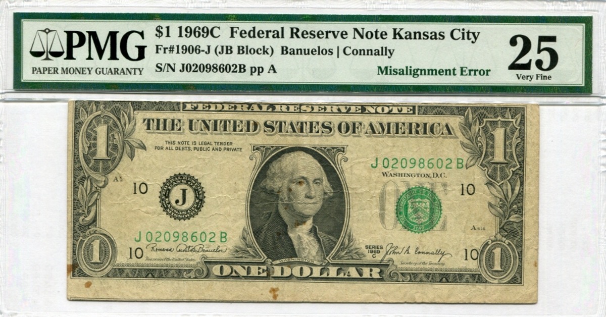 미국 1969년 1달러 에러 지폐 - Misaligned Face Printing Error PMG 25등급
