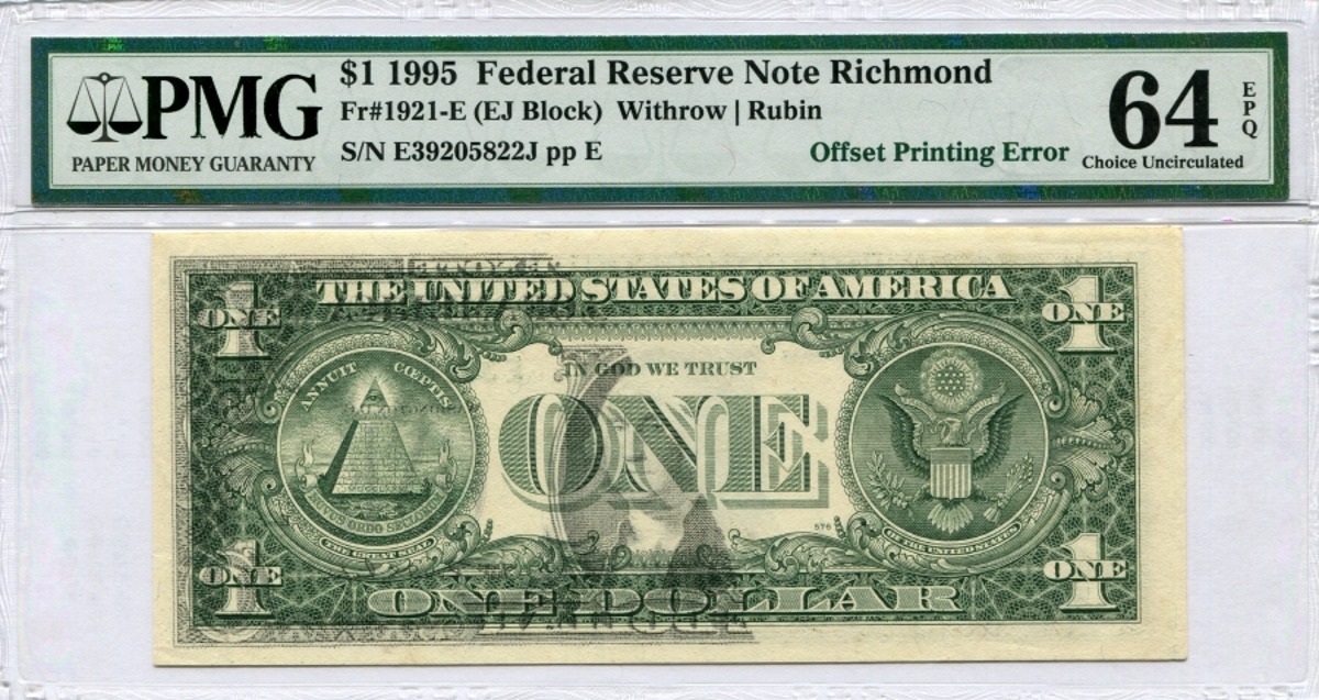 미국 1995년 1달러 에러 지폐 - Offset Printing Error PMG 63등급