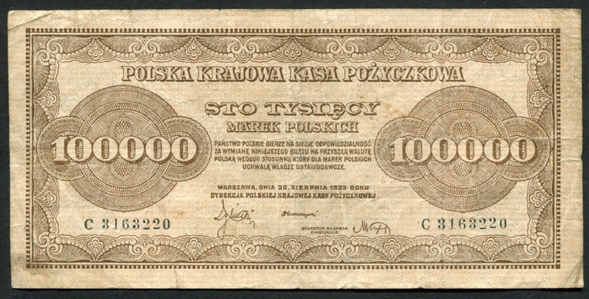 폴란드 1923년 100000마르카 (Marek, 마렉, 마르크) 극미품