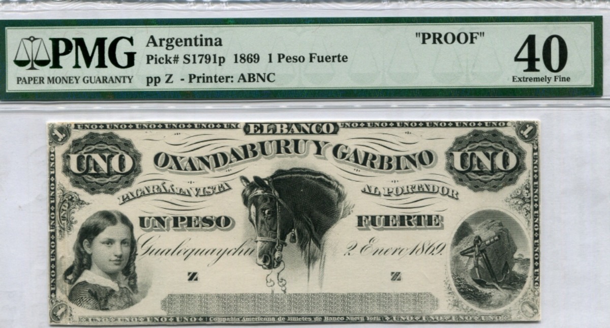 아르헨티나 1869년 1페소 시쇄권 (프루프) PMG 40등급