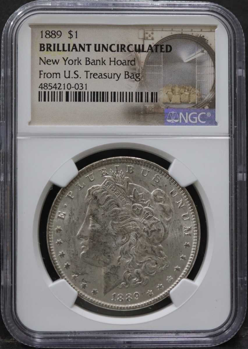 미국 1889년 1$ 모건 달러 미사용 은화 NGC BU UNC 등급 (뉴욕 은행 라벨, New York Bank Hoard)