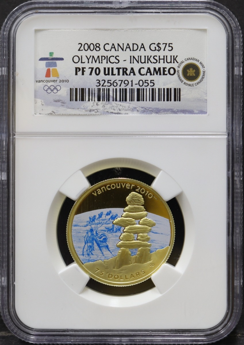 캐나다 2008년 밴쿠버 2010년 동계 올림픽 - 원주민 문화유산 고인돌 (이눅숙, Inukshuk) 기념 금화 NGC 70등급