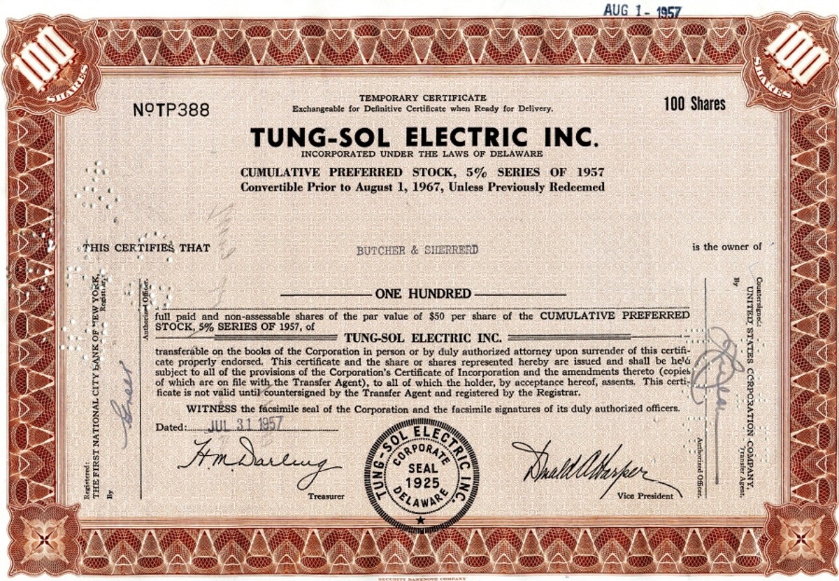 미국 1957년 Tung Sol Electric Inc 채권