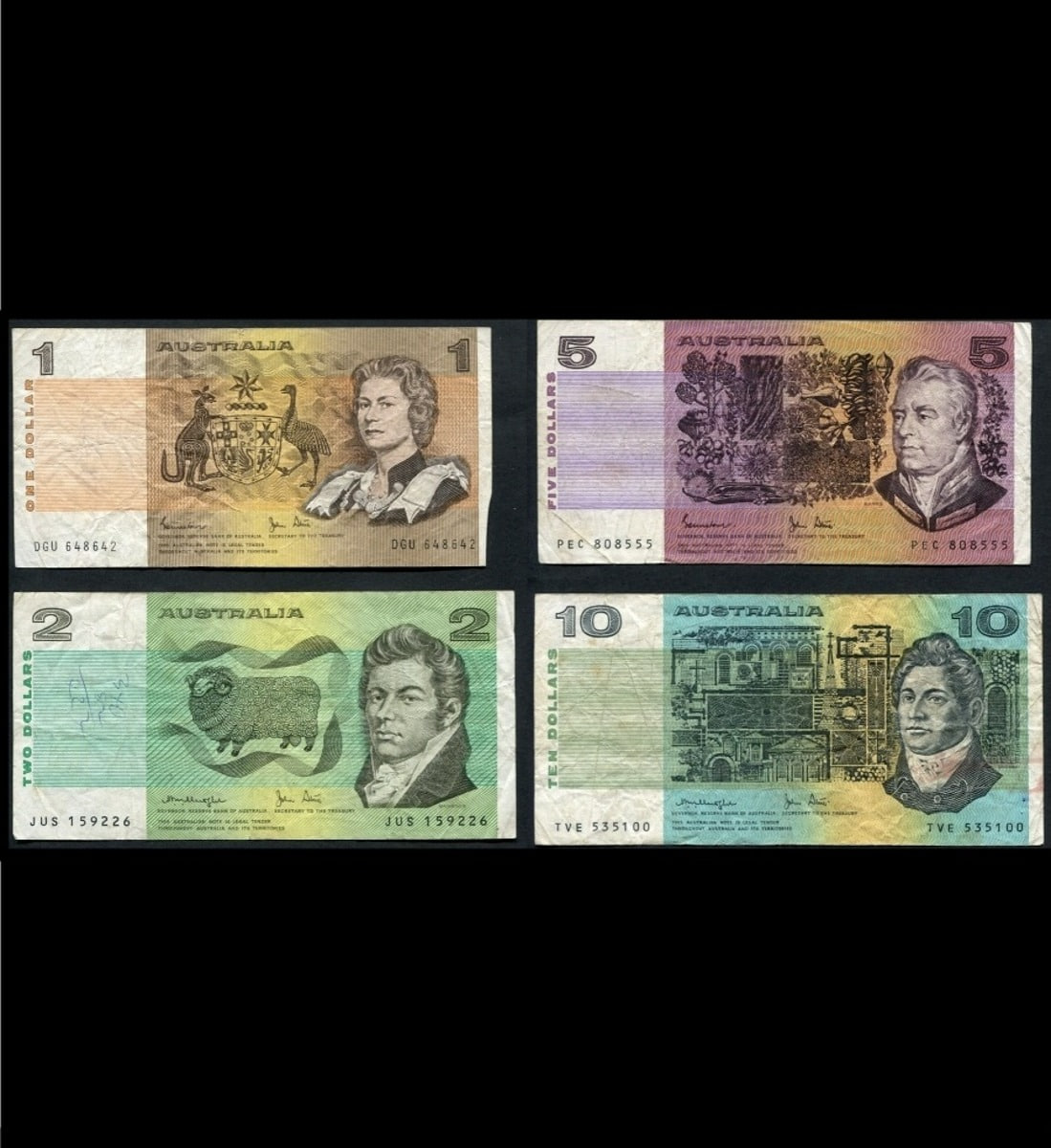 호주 1976~1985년 구권 지폐 4종 세트 (1, 2, 5, 10달러) 사용제