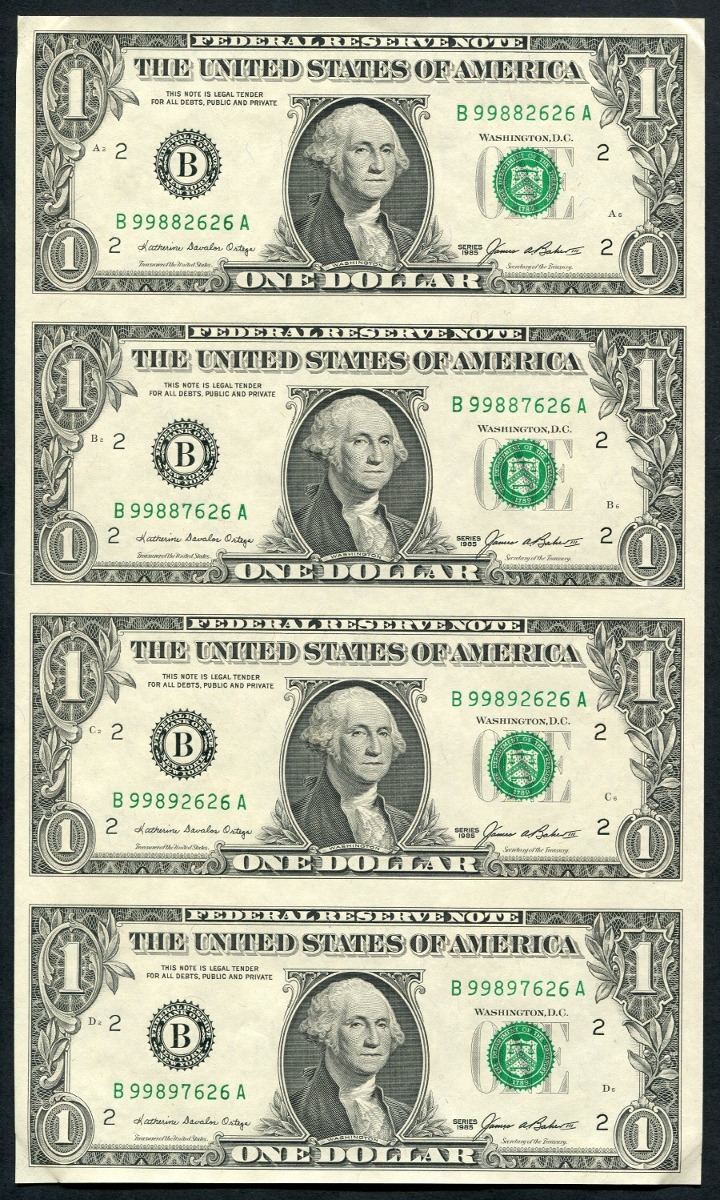미국 1985년 1달러 4매 연결권 언컷시트 첩
