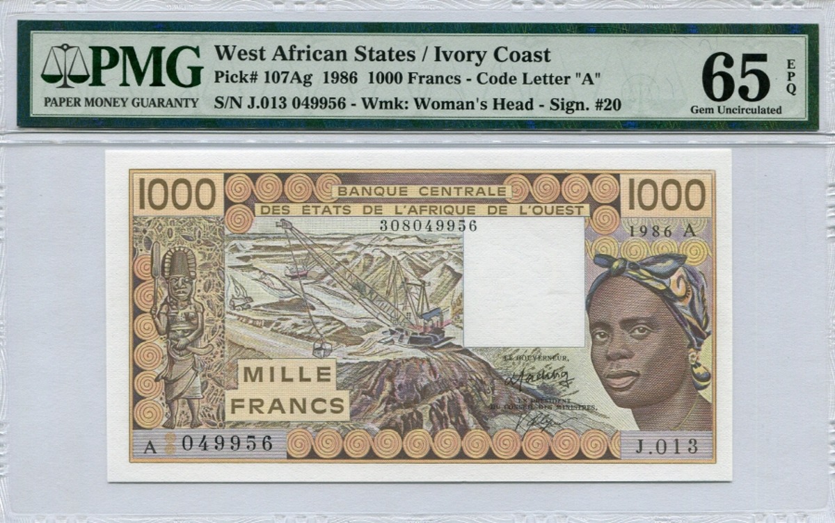 코트디부아르 (구, 프랑스령 서아프리카) 1986년 1000프랑 PMG 65등급
