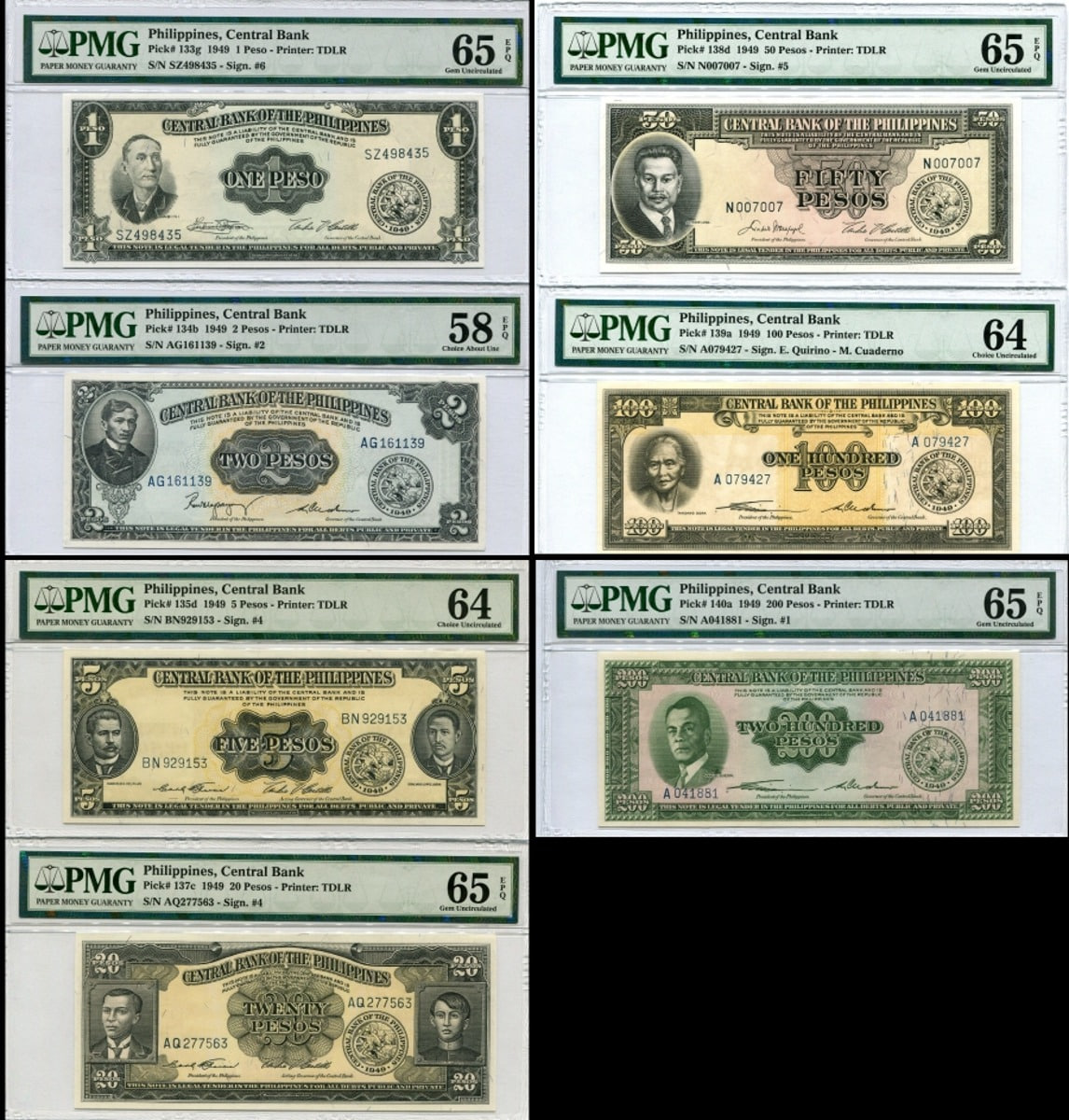 필리핀 1949년 구권 지폐 7종 세트 (1, 2, 5, 20, 50, 100, 200페소) PMG 58~65등급