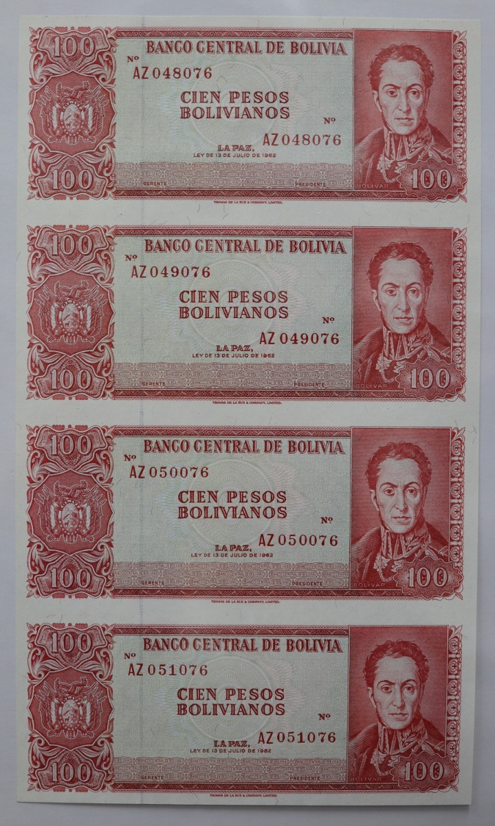 볼리비아 1962년 100볼리비아노 4매 연결권