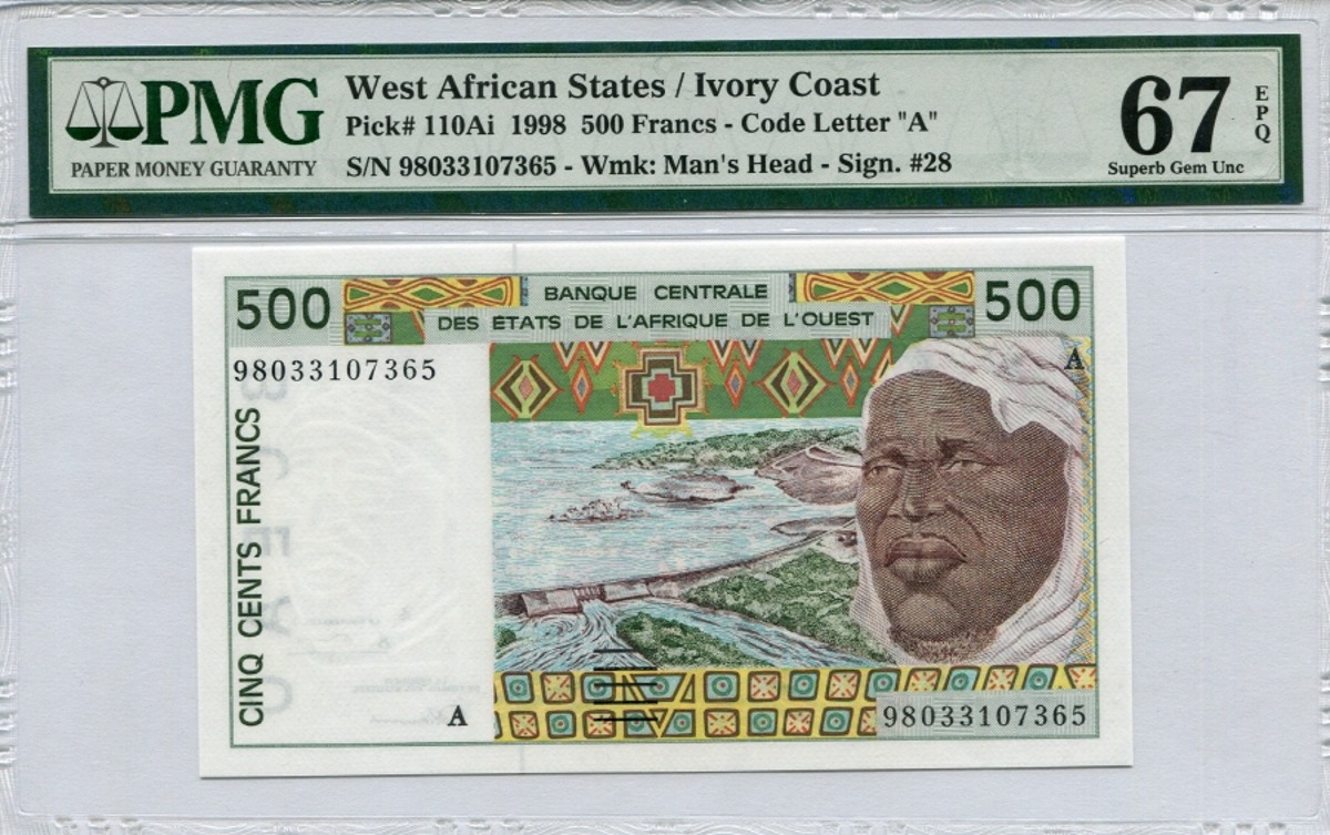코트디부아르 (구, 프랑스령 서아프리카) 1998년 500프랑 PMG 67등급