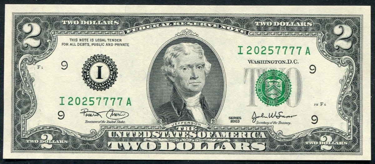 미국 2003년 토마슨 제퍼슨 행운의 2달러 이쁜 포카 번호 (7포카 7777) 미사용