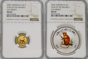 호주 2004년 원숭이의해 색채 금은화 세트 NGC 69등급