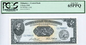 필리핀 1949년 2페소 지폐 PCGS 65등급