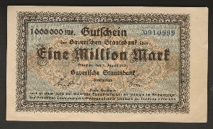 독일 1923년 1,000,000 마르크 대형 지폐 극미품+