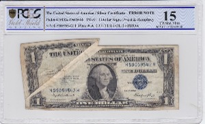 미국 1935년 1달러 은태환권 에러 지폐 - Gutter Fold Error PCGS 15등급
