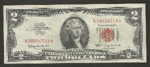 미국 1963년 토마슨 제퍼슨 행운의 2달러 레드씰 (08포인트) 극미품~미품