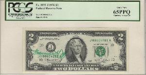 미국 1976년 2달러 미재무부 국장 사인 (자필서명) 인증 지폐 PCGS 65등급