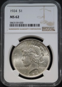 미국 1924년 1$ 피스 달러 미사용 은화 NGC 62등급