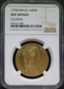 브라질 1795년 6400레이스 미사용 금화 NGC UNC DETAILS