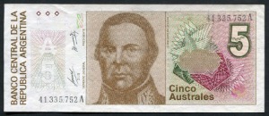 아르헨티나 1985년 5오스트랄레스 지폐 미사용