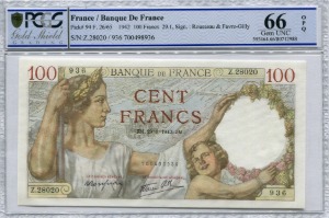 프랑스 1939년 (1942년) 100프랑 대형 지폐 PCGS 66등급