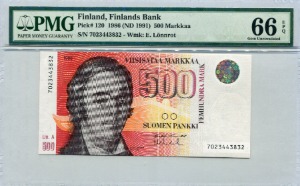 핀란드 1986년 500마르카 PMG 66등급