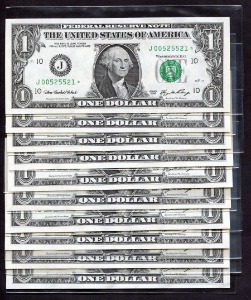 미국 2006년 1$ 1달러 스타 노트 (보충권) 미사용 연번호10매 일괄