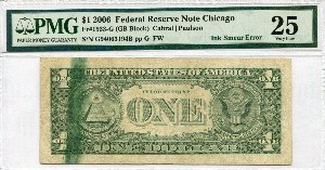미국 2006년 1달러 에러 지폐 - Ink Smear Error PMG 25등급