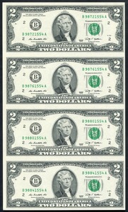 미국 2009년 토마슨 제퍼슨 행운의 2달러 4매 연결권 언컷시트 (오리지날 첩 포함)