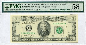 미국 1990년 20달러 에러 지폐 - Insufficient Inking Error PMG 58등급