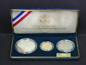 미국 1992년 콜롬버스 신대륙 발견 500주년 기념 금화, 은화, 동화 3종 세트