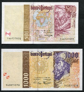 포르투갈 1995~2001년 구권 지폐 2종 세트 (500, 1000에스쿠도) 미사용