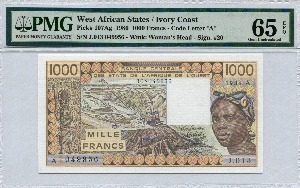 코트디부아르 (구, 프랑스령 서아프리카) 1986년 1000프랑 PMG 65등급