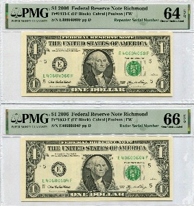 미국 2006년 1달러 레이더 &amp; 리피터 (4060 0604) 2장 세트 PMG 64, 66등급