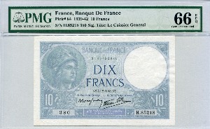 프랑스 1941년 (1939~1942년) 10프랑 로마 신화 미네르바 여신 도안 PMG 66등급