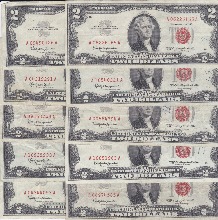 미국 1963년 토마슨 제퍼슨 행운의 2달러 레드씰 미품 10매 일괄