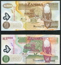 잠비아 2004년 500, 1000콰차 폴리머 지폐 미사용 2종 세트