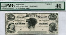 아르헨티나 1869년 1페소 시쇄권 (프루프) PMG 40등급