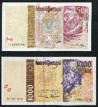 포르투갈 1995~2001년 구권 지폐 2종 세트 (500, 1000에스쿠도) 미사용