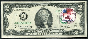 미국 1976년 토마슨 제퍼슨 행운의 2달러 - 초일 우표 스탬프 인증